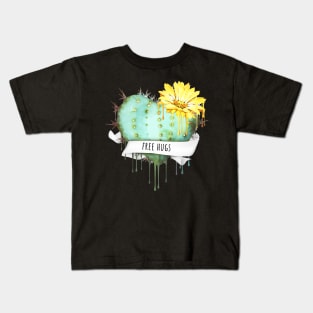 Cactus heart watercolor jellow flower free hugs Kids T-Shirt